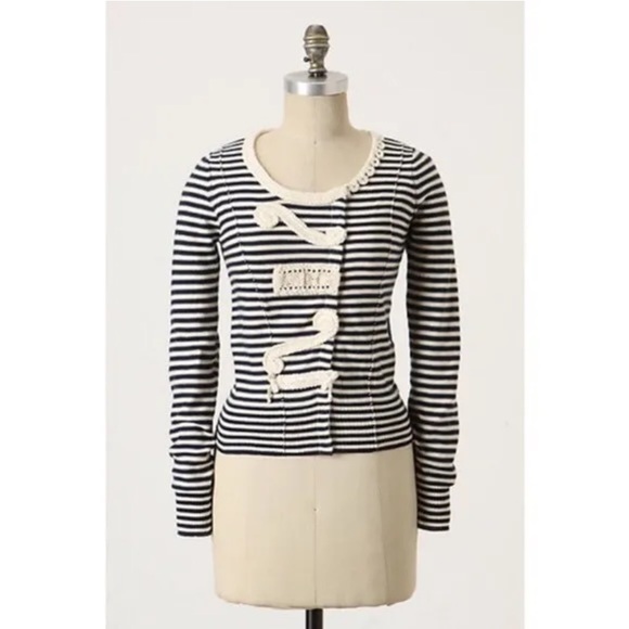 Anthro Sparrow Navy Striped Crochet Knit Detail Snap Cardigan Sweater - Picture 3 of 11